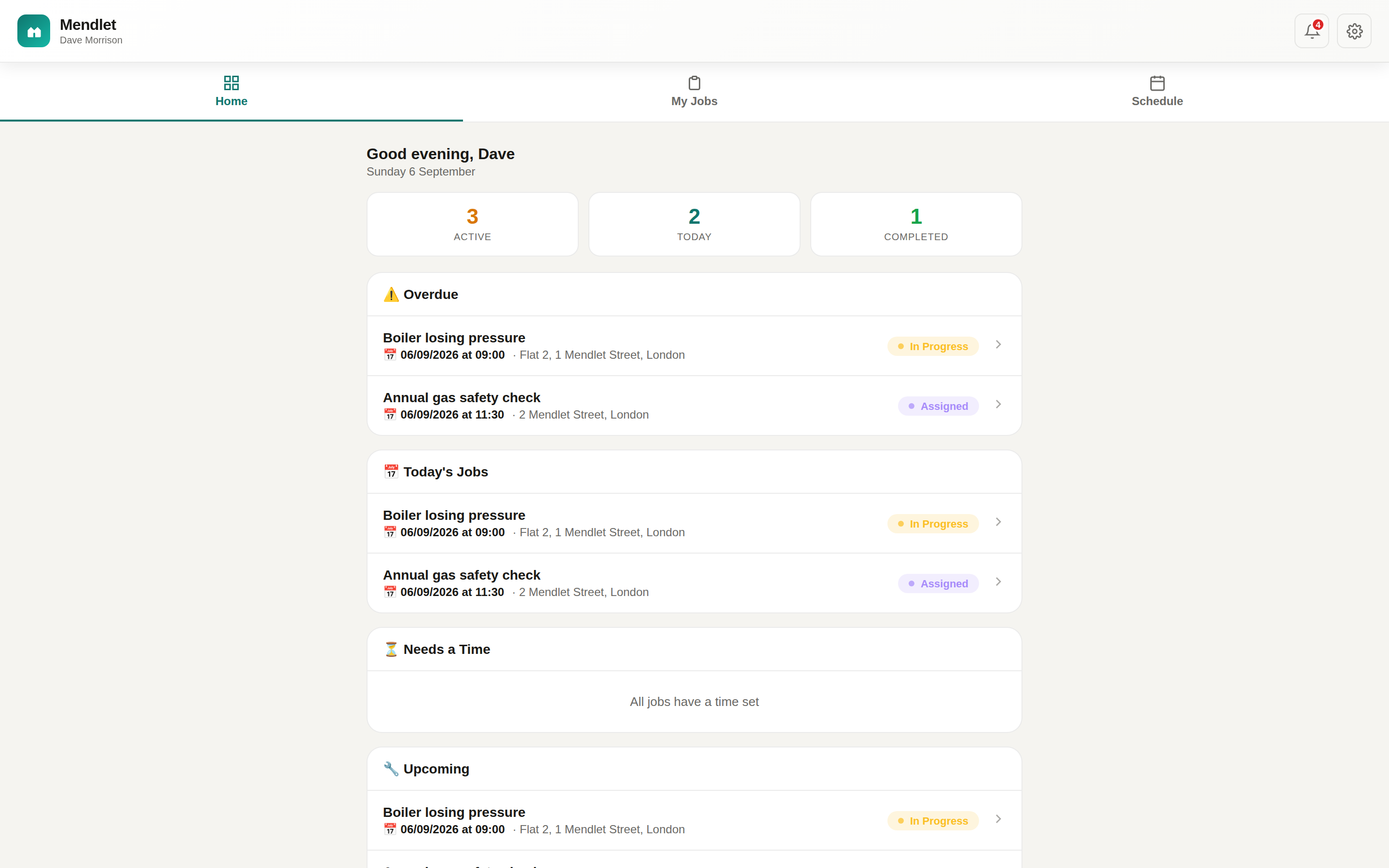 The contractor portal on a desktop, listing today's jobs
