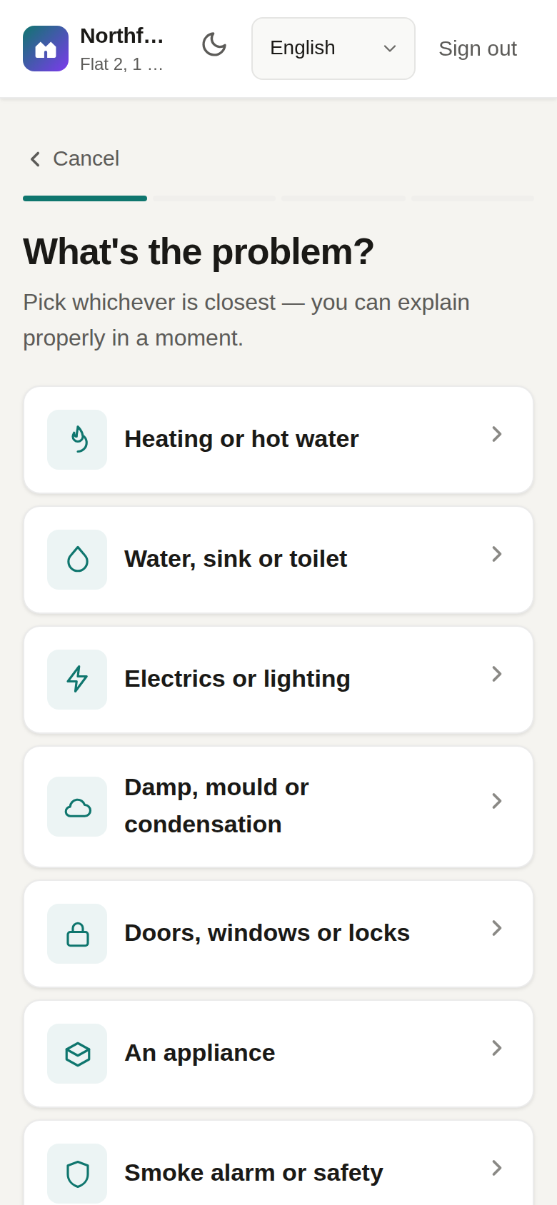 Choosing the problem in the tenant portal
