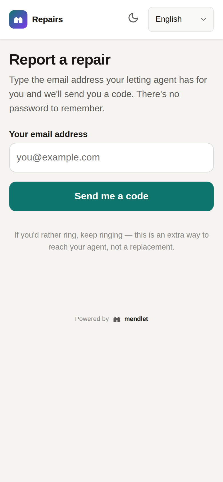 The tenant portal sign-in screen asking for an email address